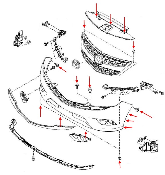 Schema di montaggio del paraurti anteriore Mazda BT-50 II (UP, UR) (2011-2020)