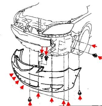 the scheme of fastening of the front bumper Mazda 3 I BK (2003-2009)