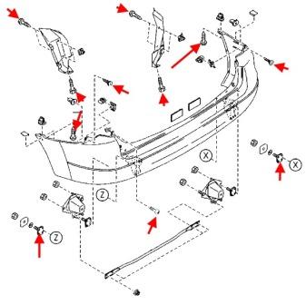 the scheme of fastening the rear bumper of the MAZDA PREMACY