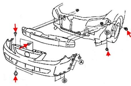 Schema montaggio paraurti anteriore Mazda Protege BJ (1998-2003), Mazda Astina, Mazda Familia