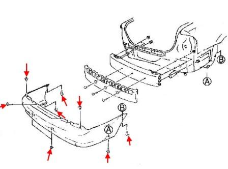 Montageplan für die hintere Stoßstange des Mazda Protege BJ (1998-2003), Mazda Astina, Mazda Familia