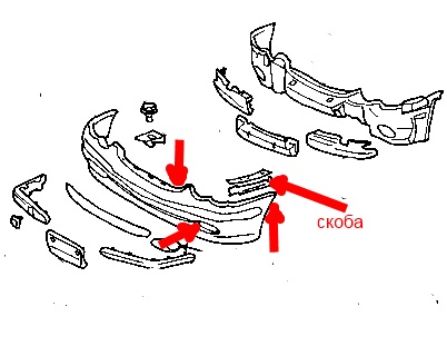 the scheme of fastening of the front bumper Mercedes W203