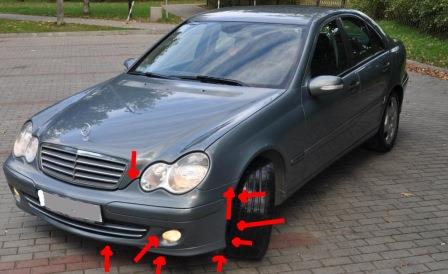 the attachment of the front bumper Mercedes W203