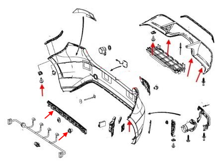 The scheme of fastening the rear bumper of the Mercedes A-Class W176
