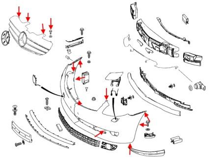 The scheme of fastening of the front bumper of the Mercedes CL-Class C216