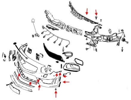 The scheme of fastening of the front bumper Mercedes SL-Class R231