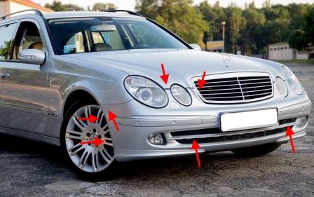 the attachment of the front bumper Mercedes W211