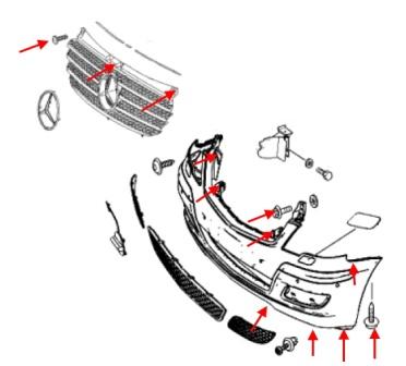 The scheme of fastening of the front bumper of the Mercedes V-Class W639 Vito/ Viano