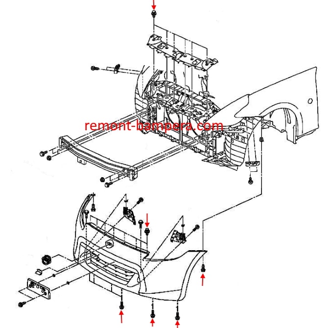 Schema di montaggio del paraurti anteriore Nissan 370Z (2008-2020)