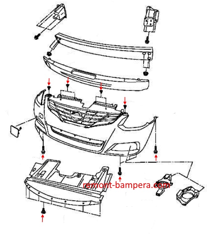 Esquema de montaje del parachoques delantero para Nissan Altima IV (L32/D32) (2006-2013)