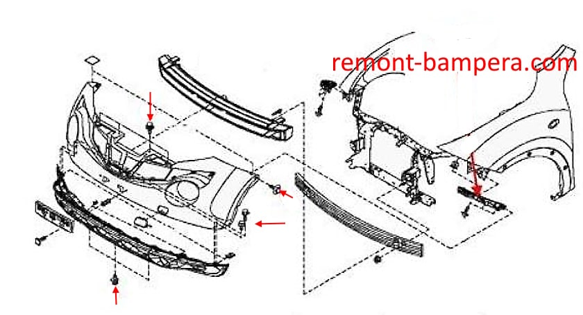 Schema di montaggio del paraurti anteriore Nissan Juke