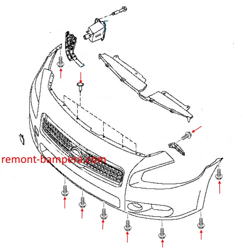 Schéma de montage du pare-chocs avant Nissan Maxima VII (A35) (2008-2014)