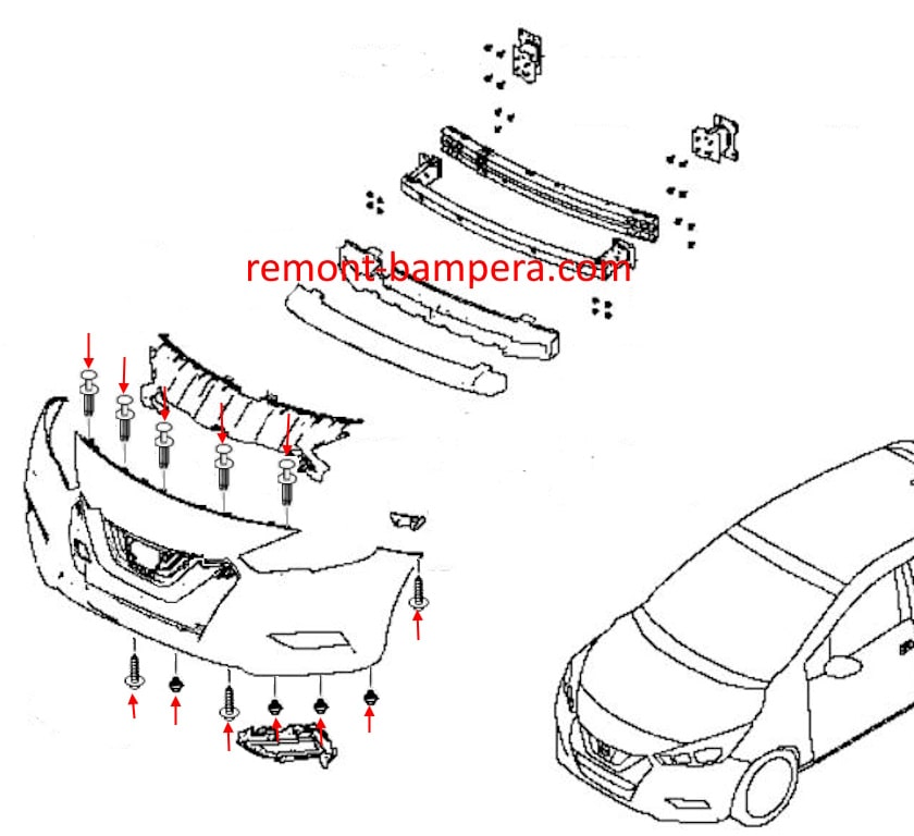 Schéma de montage du pare-chocs avant Nissan Micra V K14 (2017-2023)