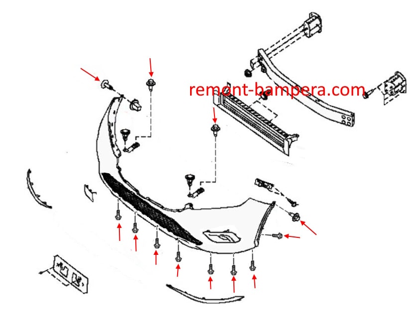 Схема крепления переднего бампера Nissan Murano III Z52 (2014-2023)
