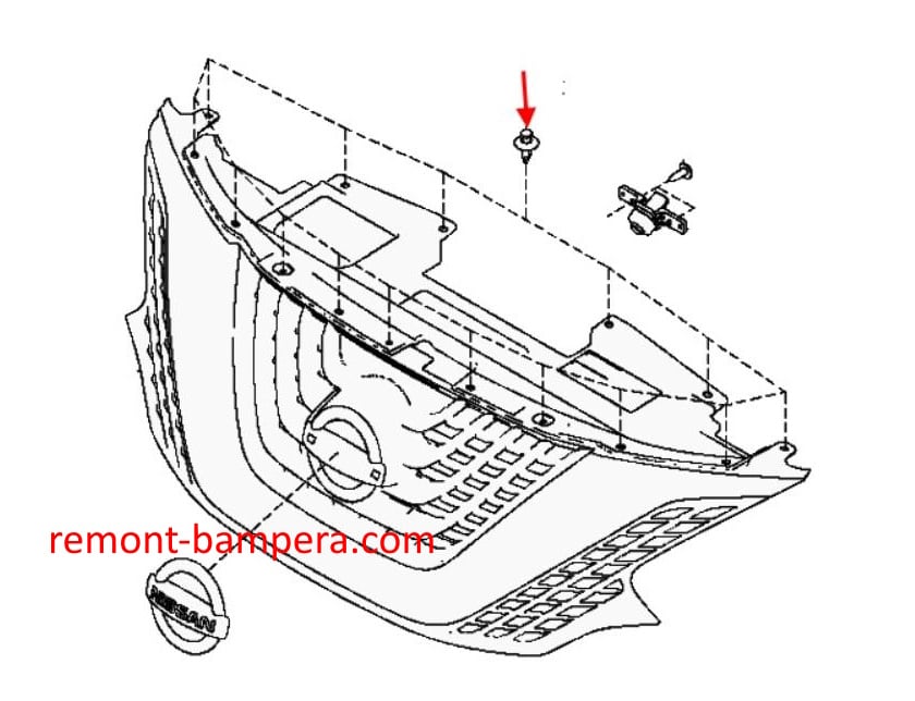 Schema di montaggio della griglia del radiatore Nissan Murano III Z52 (2014-2023)