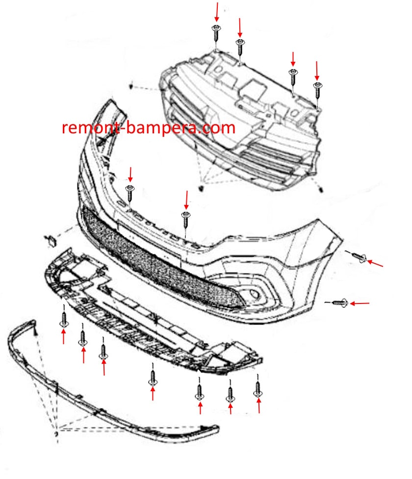 Schéma de montage du pare-chocs avant Nissan NV300 (2016-2023)