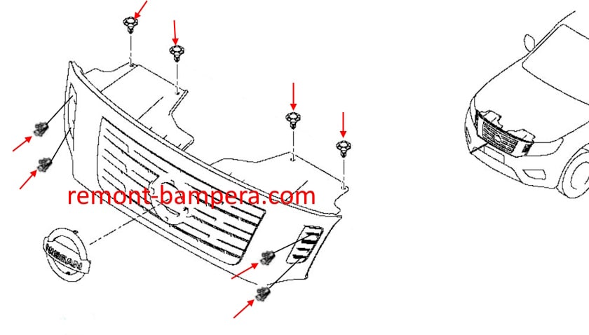 Schema di montaggio della griglia del radiatore Nissan Navara NP300 IV D23 (Frontier) (2015-2023)
