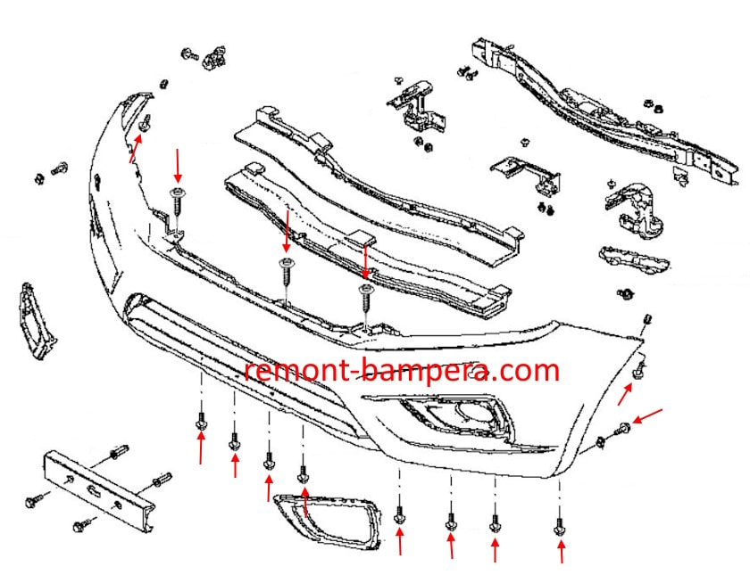 Schema di montaggio del paraurti anteriore Nissan Navara NP300 IV D23 (Frontier) (2015-2023)