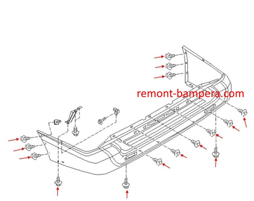 Rear bumper mounting diagram for Nissan Pathfinder II R50 (1995-2004)
