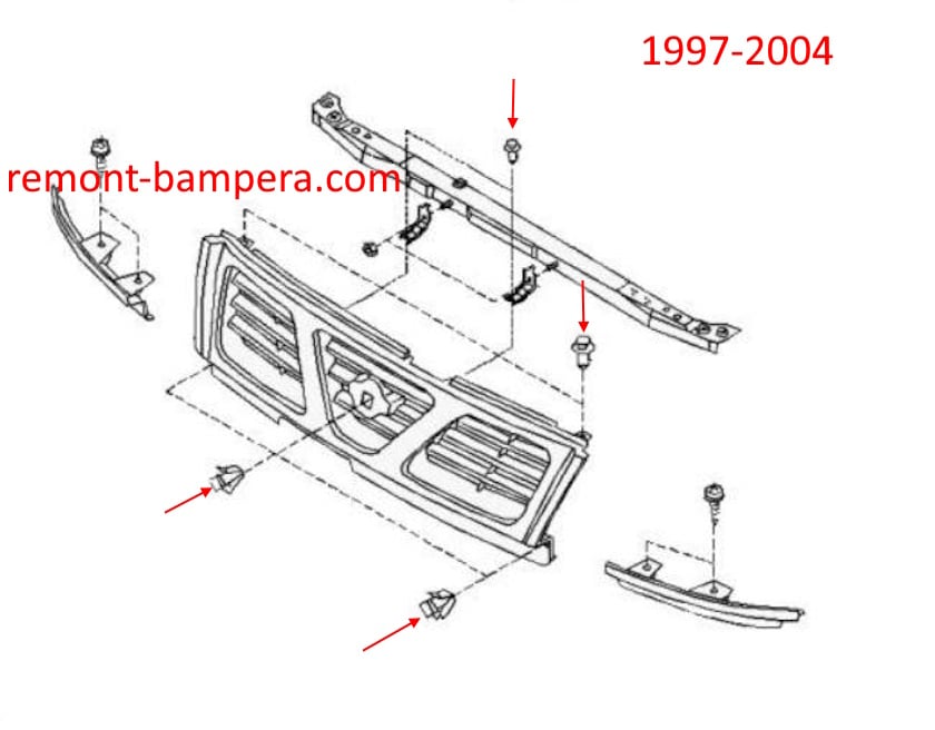 Schema di montaggio della griglia del radiatore Nissan Patrol V Y61 (1997-2010).