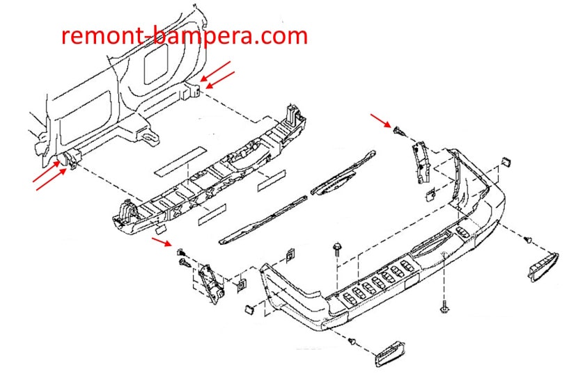 Schema di montaggio del paraurti posteriore per Nissan Patrol V Y61 (1997-2010)