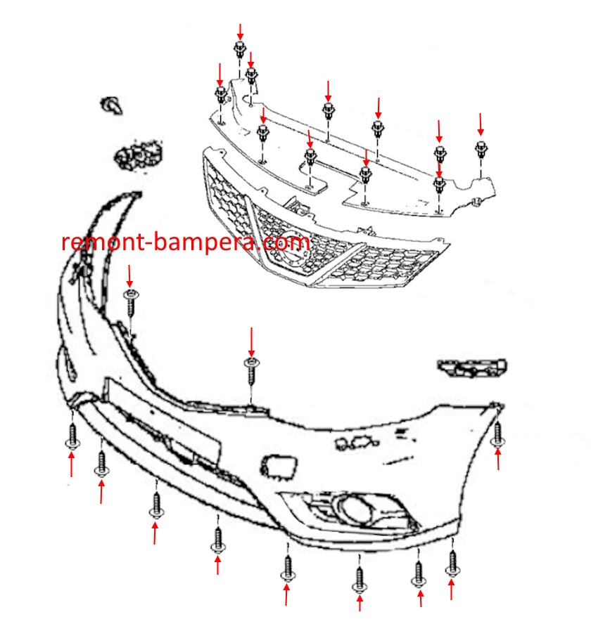 Schema di montaggio del paraurti anteriore per Nissan Pulsar C13 (2014-2018)