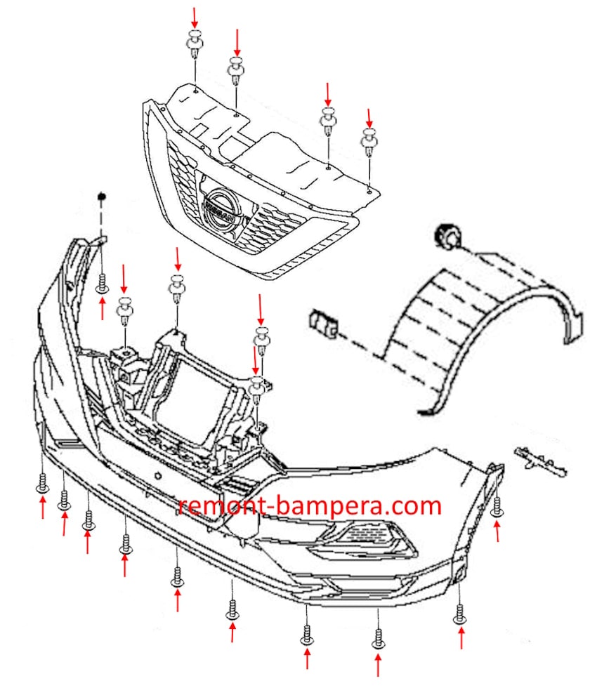Schema di montaggio del paraurti anteriore Nissan Qashqai II J11 (2013-2022)