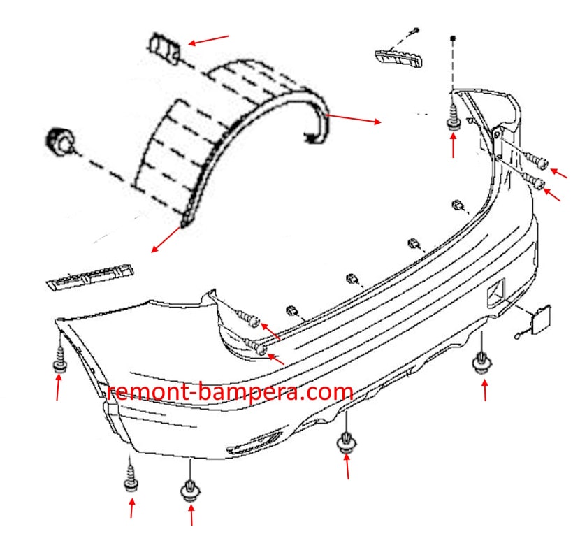 Rear bumper mounting diagram for Nissan Qashqai II J11 (2013-2022)