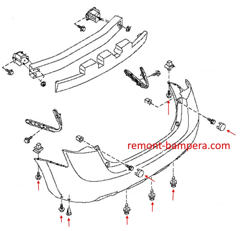 Rear bumper mounting diagram for Nissan Rogue I S35 (2007-2013)