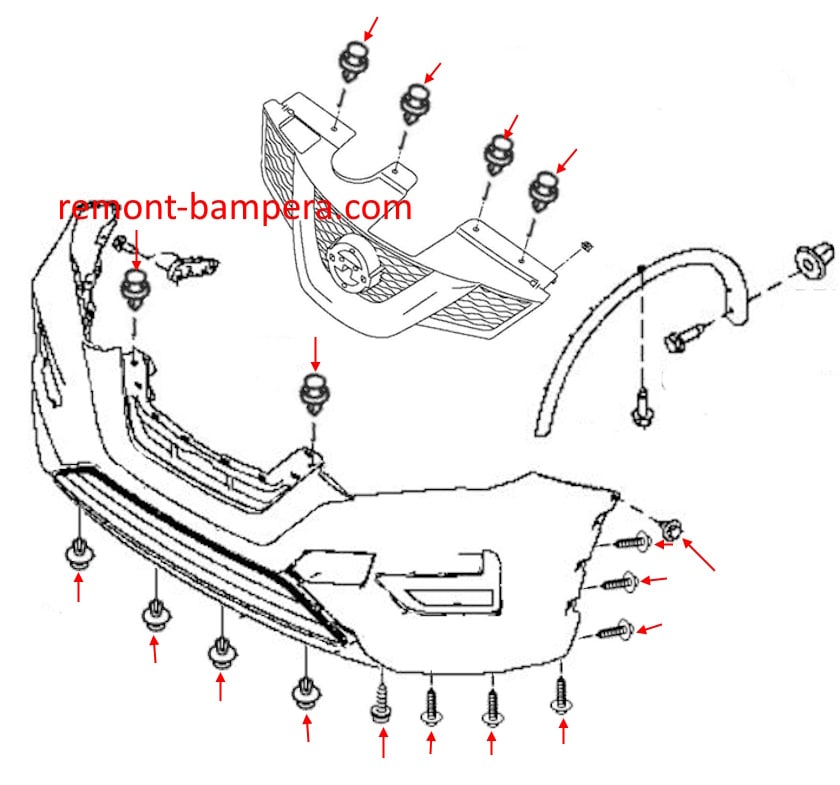 Montagediagramm für die vordere Stoßstange des Nissan Rogue II T32 (2013–2020)