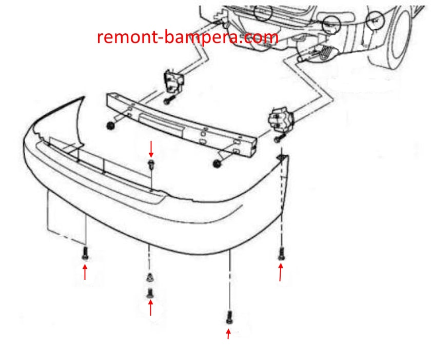Esquema de montaje del parachoques trasero para Nissan Sentra B15 (1999-2006)