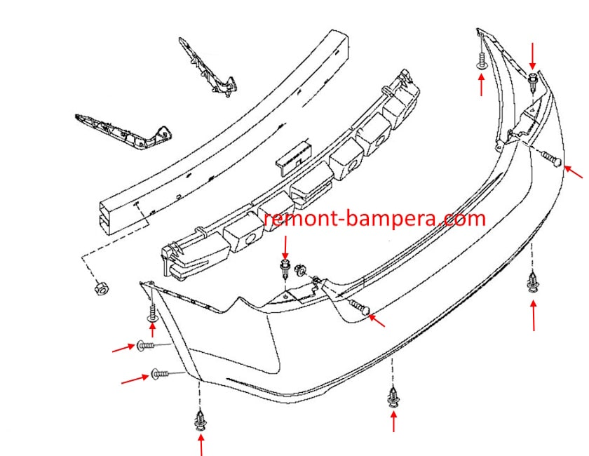 Schema di montaggio del paraurti posteriore per Nissan Sentra B16 (2006-2012)