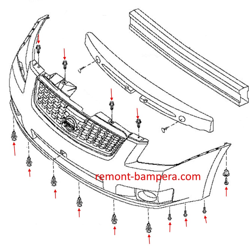 Front bumper mounting diagram for Nissan Sentra B16 (2006-2012)
