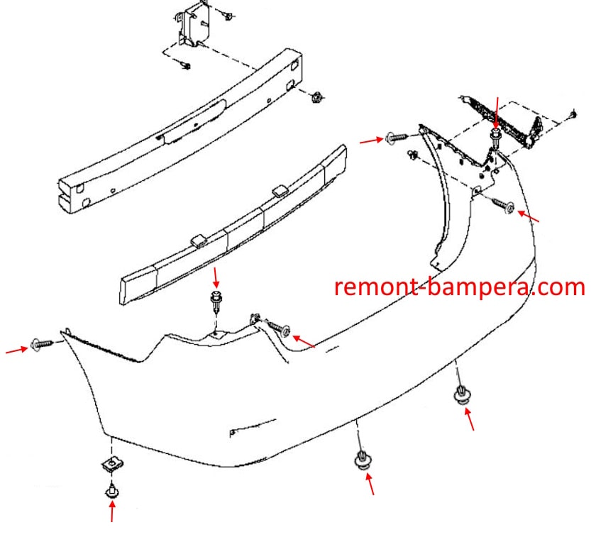 Schema di montaggio del paraurti posteriore per Nissan Sentra VII B17 (2012-2019)