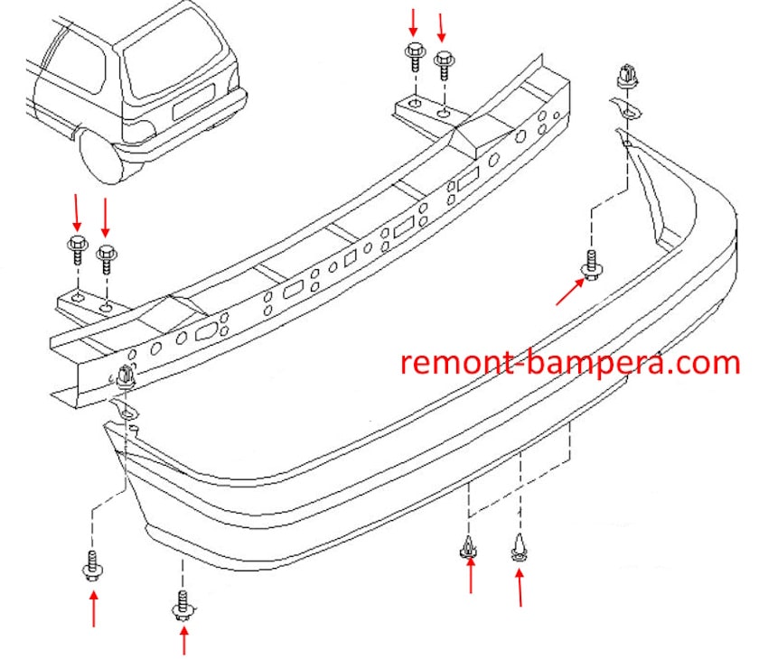 Montagediagramm für die hintere Stoßstange des Nissan Sunny N14 (B13).