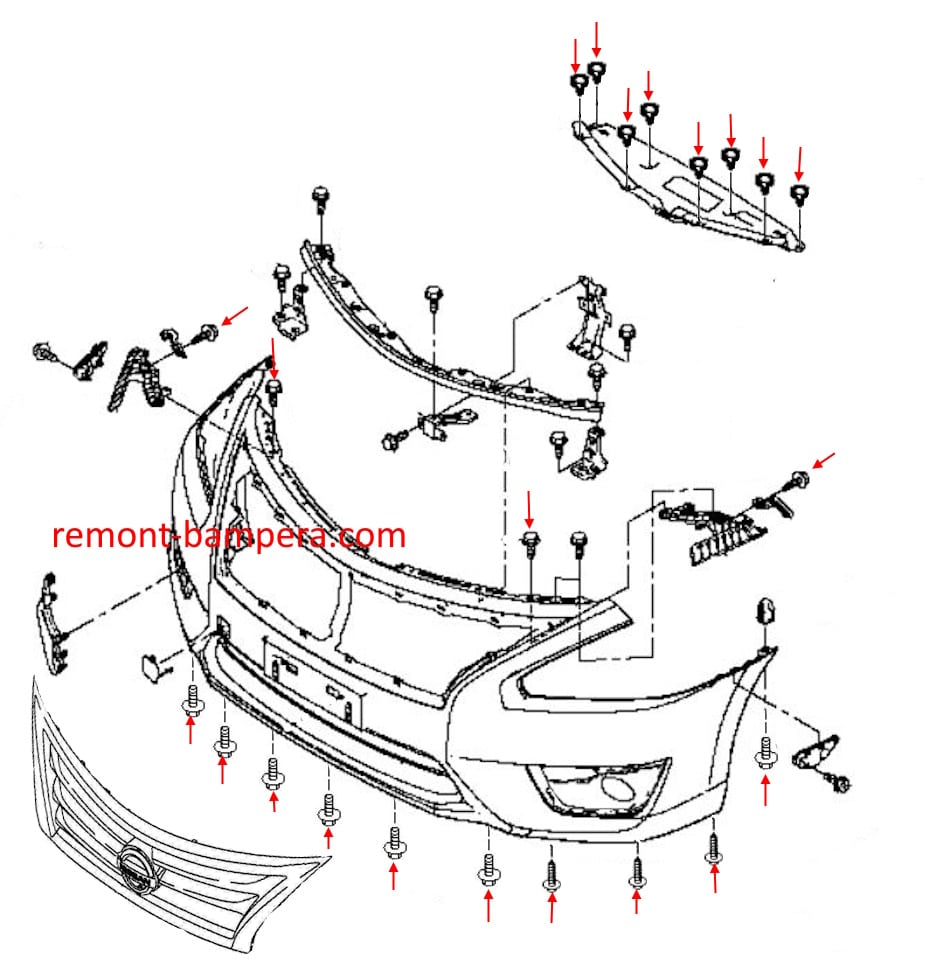 Schéma de montage du pare-chocs avant Nissan Teana III (L33) (2014-2020)