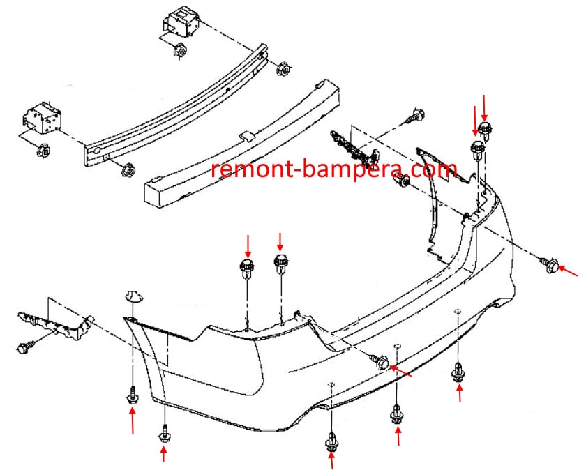Rear bumper mounting diagram for Nissan Teana III (L33) (2014-2020)