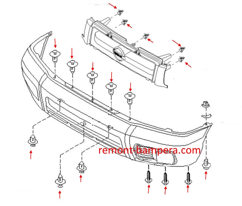 Front bumper mounting diagram for Nissan Terrano R50 (1997-2003)
