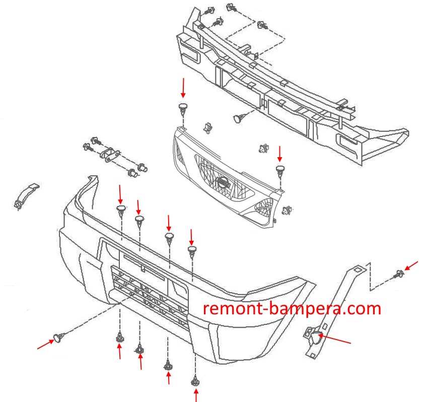 Front bumper mounting diagram for Nissan Terrano 2 R20 (1993-2006)