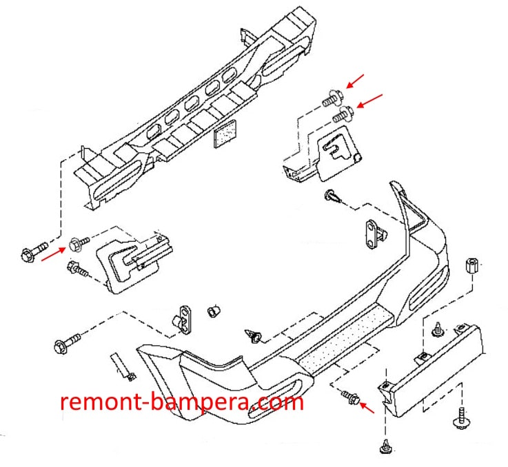Rear bumper mounting diagram for Nissan Terrano 2 R20 (1993-2006)