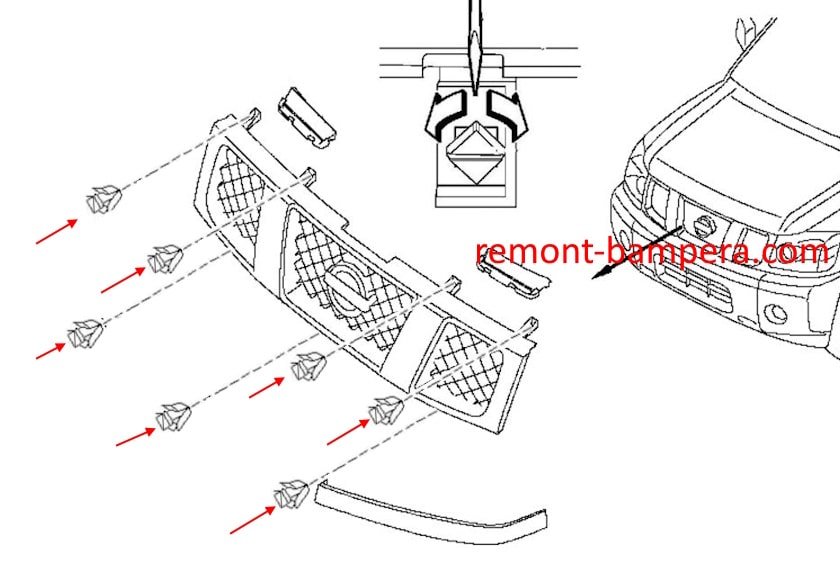 Schema di montaggio della griglia del radiatore Nissan Titan I (2003-2015)