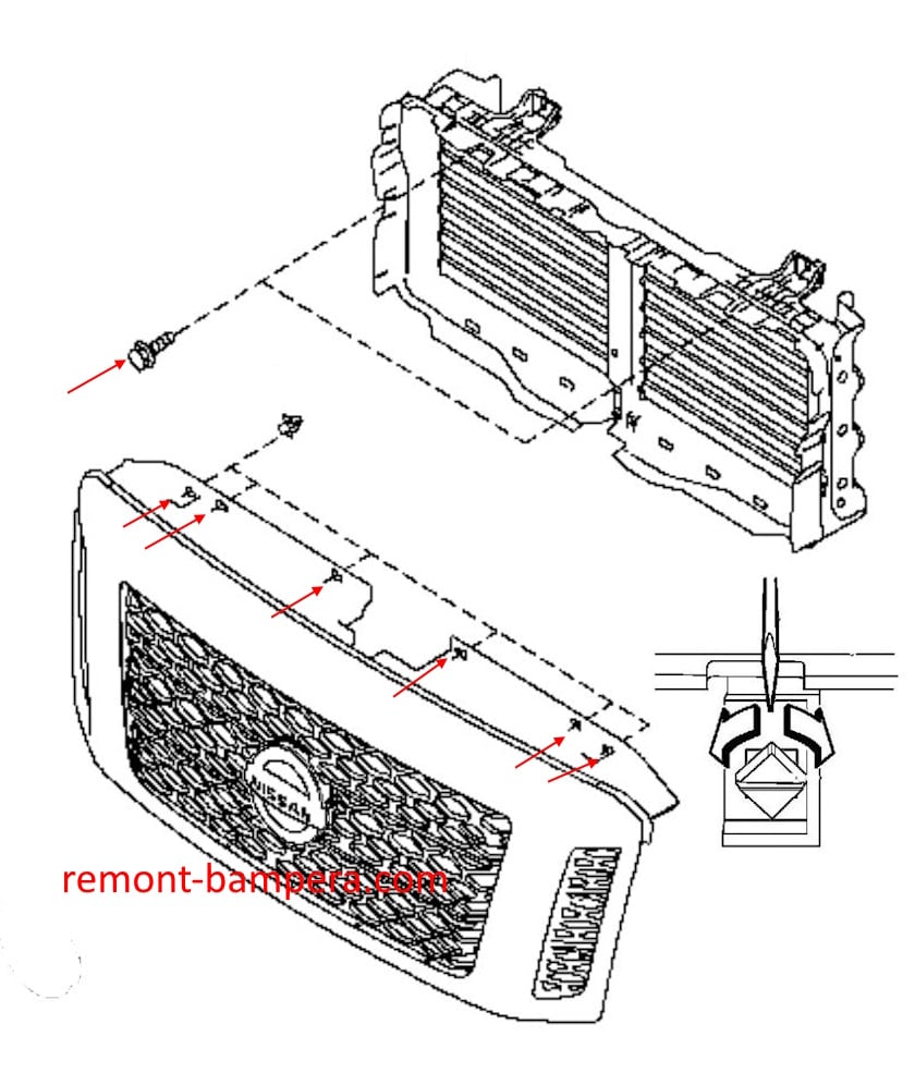 Schema di montaggio della griglia del radiatore Nissan Titan II (2015-2024)