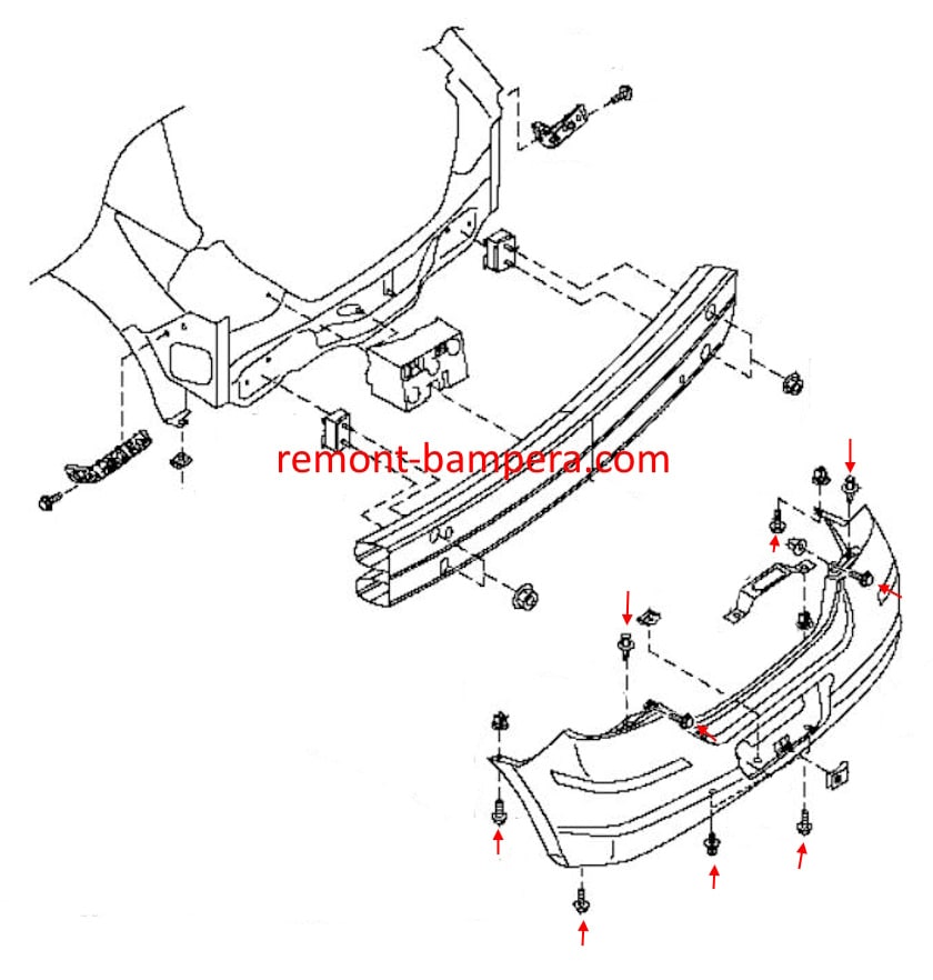 Esquema de montaje del parachoques trasero para Nissan Versa I (2006-2012)