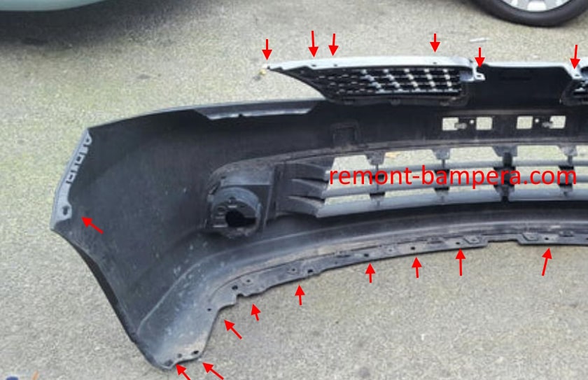 Posizioni di montaggio del paraurti anteriore per Nissan Versa I (2006-2012)