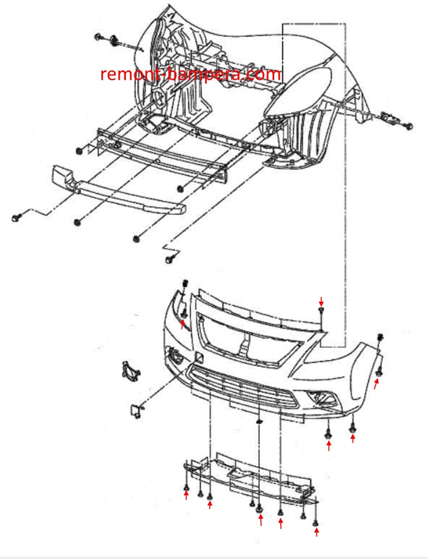 Schéma de montage du pare-chocs avant de la Nissan Versa II (2012-2019)