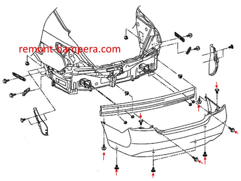 Schema di montaggio del paraurti posteriore Nissan Versa II (2012-2019)