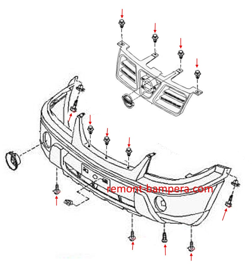 Schema di montaggio del paraurti anteriore per Nissan X-Trail I T30 (2000-2007)