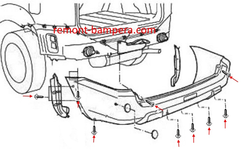 Schema di montaggio del paraurti posteriore per Nissan X-Trail I T30 (2000-2007)