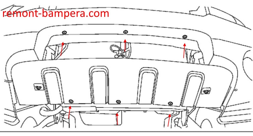 Схема крепления переднего бампера Nissan Xterra I (1999-2004)