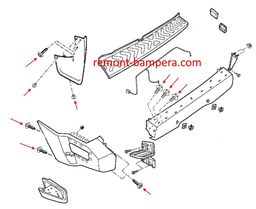 Schema di montaggio del paraurti posteriore Nissan Xterra II (2005-2015)